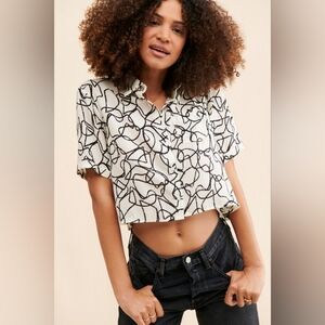 ASTR The Label Abstract Button Front Blouse White Black Sketch Lyocell Top